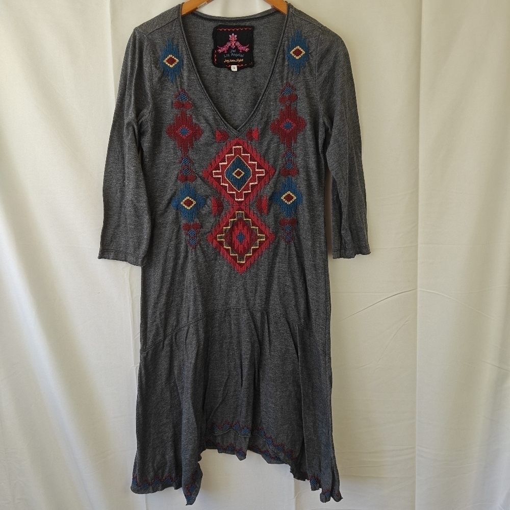 Johnny Was JW LA knit dress Size Small gray embroidered boho 3/4 sleeve v-neck